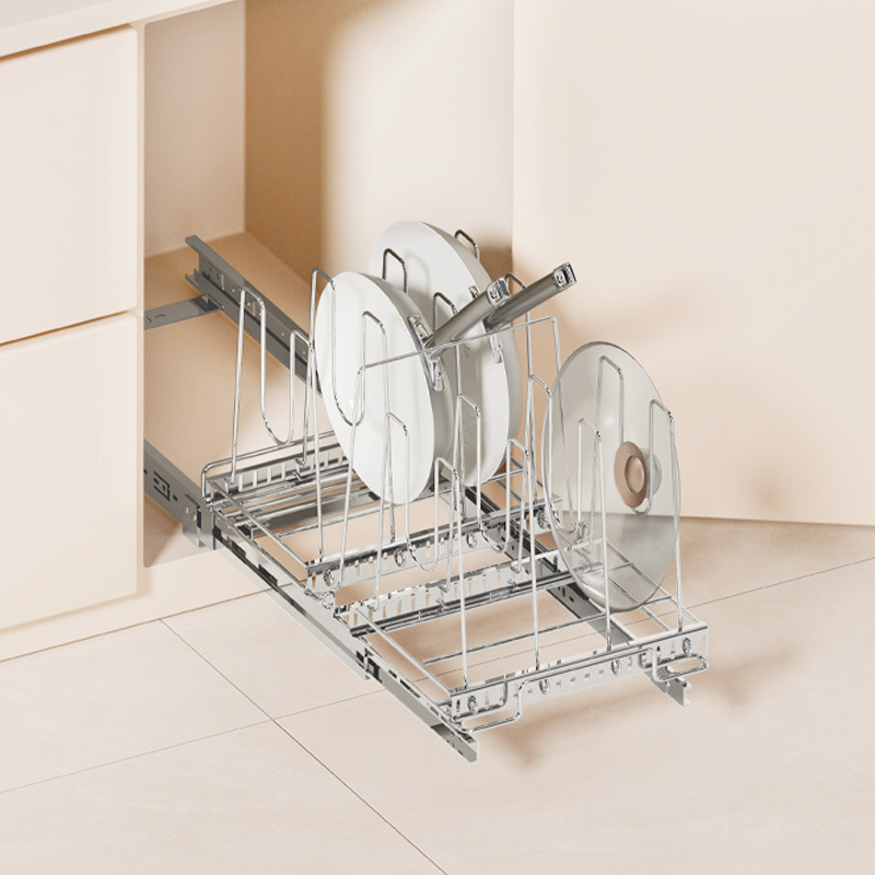 Kitchen Cabinet Baking Organizer - ชั้นวางของแบบดึงออกสำหรับตู้ครัว สแตนเลส พร้อมรางเลื่อนแบบหน่วง ตะกร้าเก็บของปรับระดับได้ สำหรับฝาหม้อ ถาดอบ