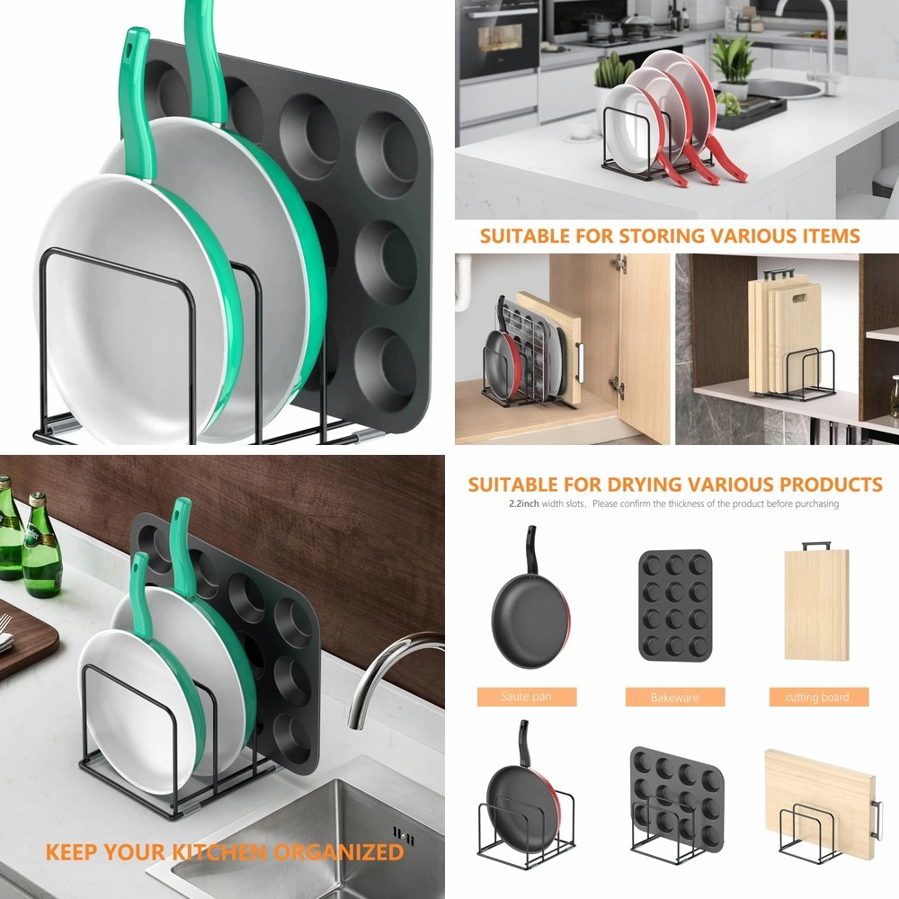 Kitchen Cabinet Baking Organizer - ที่จัดระเบียบกระทะสำหรับตู้ครัว, ที่วางเครื่องครัวเหล็กพร้อมช่อง 3 ช่องสำหรับกระทะและถาดอบ