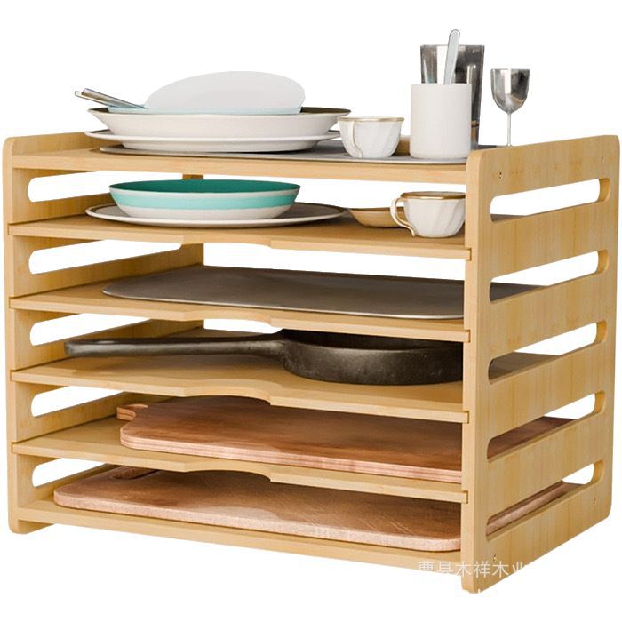 Kitchen Cabinet Baking Organizer - ชั้นวางของในครัวไม้เนื้อแข็ง ชั้นวางจานชามหลายชั้น ถาดแบ่งช่องใส่ภาชนะอบ ฝาปิด และชั้นวางอุปกรณ์ทำขนม