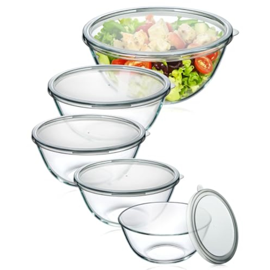 Kitchen Glass Baking Set - ชุดชามแก้วผสมอาหารพร้อมฝาปิด 5 ใบ ขนาด 4.78QT, 2.2QT,