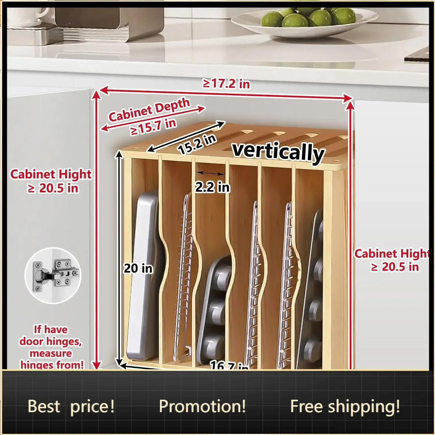 Kitchen Cabinet Baking Organizer - แผ่นกั้นถาดไม้สำหรับตู้เก็บของ, ที่จัดระเบียบถาดอบคุกกี้สำหรับตู้เก็บของ, ที่จัดระเบียบถาดอบขนมสำหรับอุปกรณ์จัดระเบียบในครัว