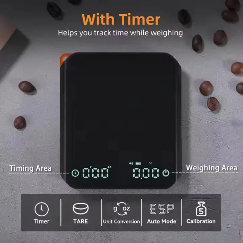 Kitchen Scale Precise - เครื่องชั่งกาแฟคิทเช่นมินิพร้อมตัวจับเวลา 2 กก./0.1 ก. เครื่องชั่งที่แม่นยำ เครื่องชั่งดิจิตอลแบบชาร์จไฟได้สำหรับกาแฟเอสเปรสโซและกาแฟแบบดริป