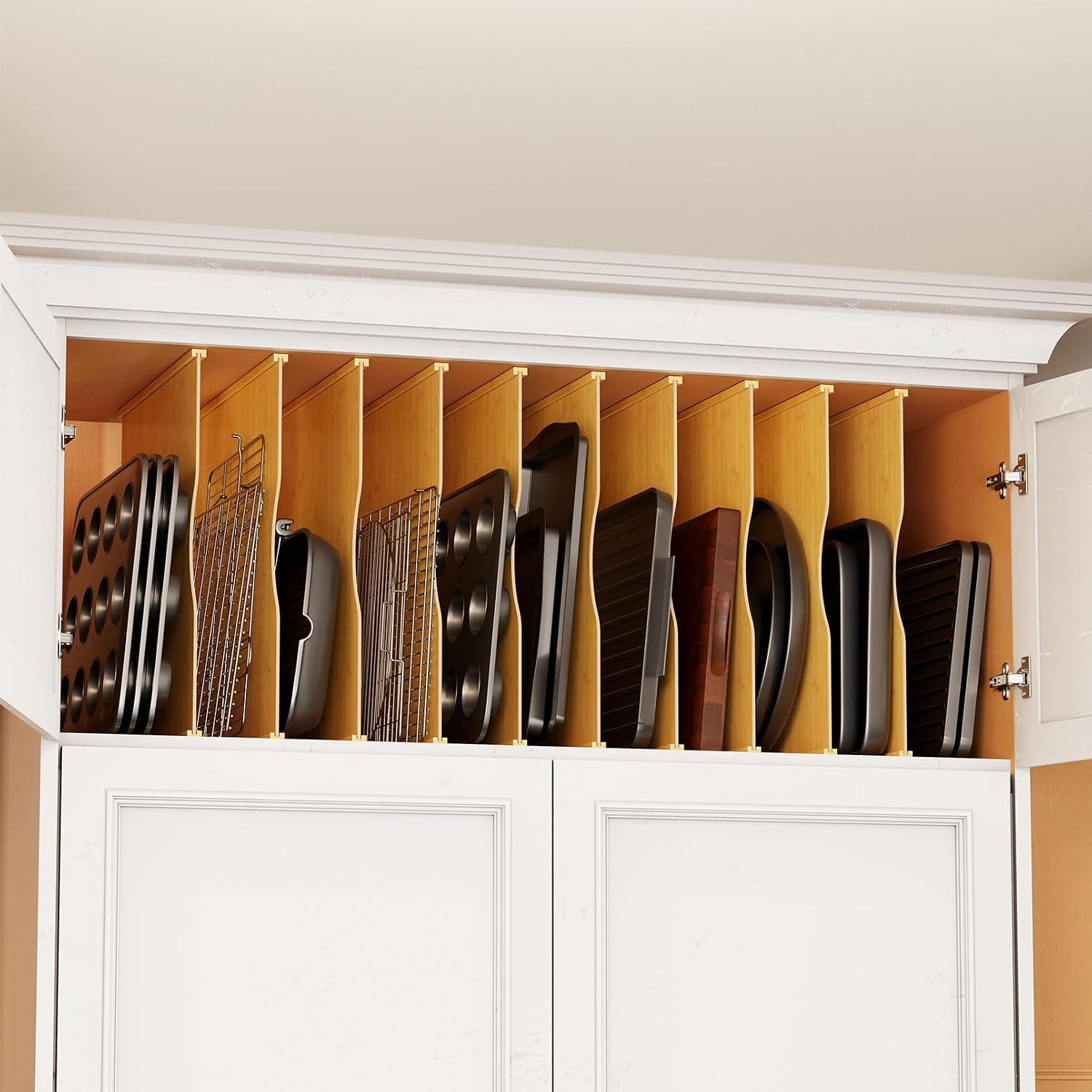 Kitchen Cabinet Baking Organizer - ชุด 10 ชิ้น แผ่นแบ่งถาดไม้ไผ่สำหรับตู้ครัว, ที่จัดระเบียบถาดอบและถาดคุกกี้แบบแนวตั้ง, ตัวแบ่งสำหรับจัดเก็บอุปกรณ์อบขนมในตู้และห้องเก็บของ