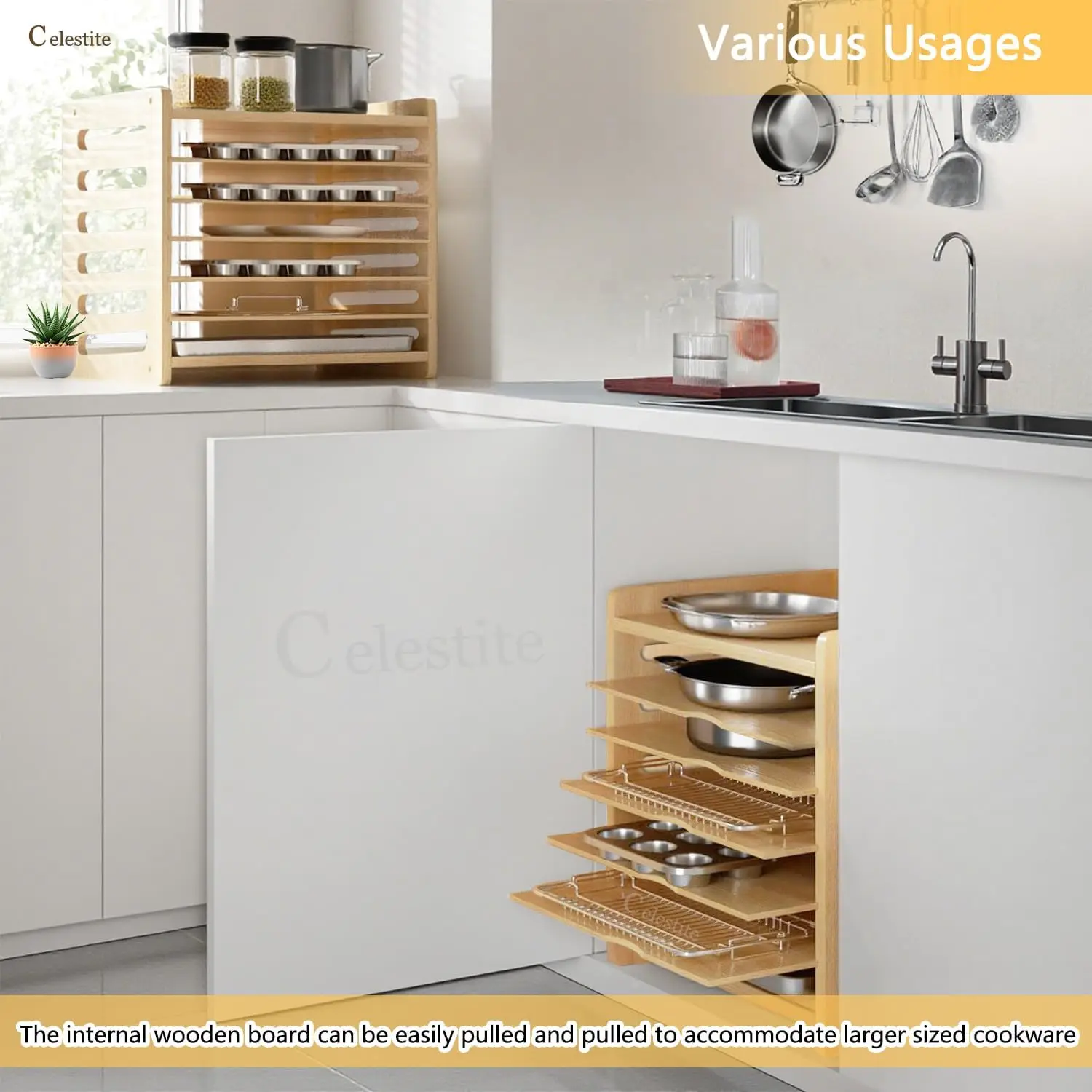 แผ่นกั้นถาดไม้สำหรับตู้เก็บของ - Kitchen Cabinet Baking Organizer บทวิจารณ์และราคา